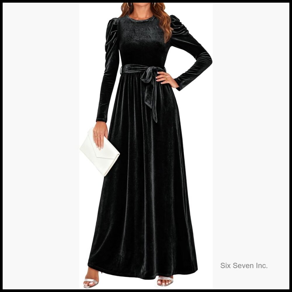 Velvet Maxi Dress Long Sleeve Crew Neck Elastic Waist Cocktail Party